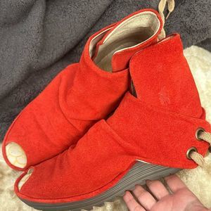 Fly London yema red suede open toe booties.